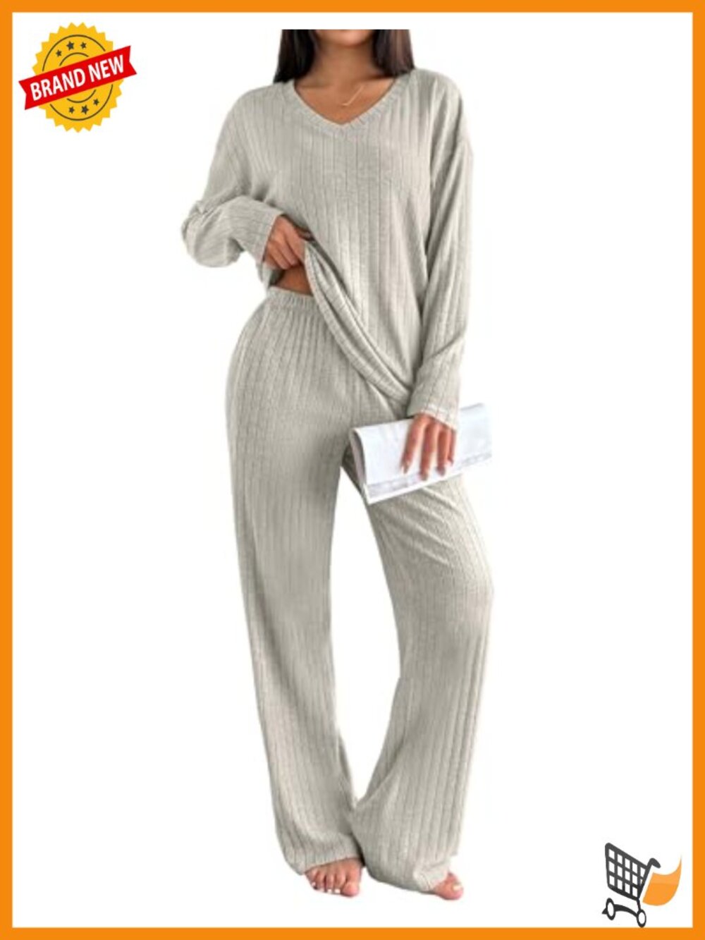 Ribbed Knit Lounge Set Long Sleeve Pajama Set Wide Leg Pants Pockets